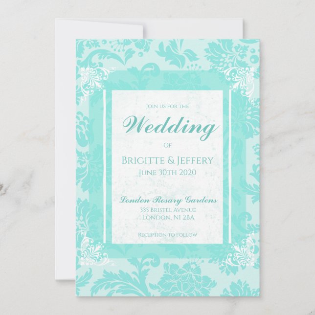 Invitation Carton d'invitation à motif damassé vert sarcelle  (Devant)