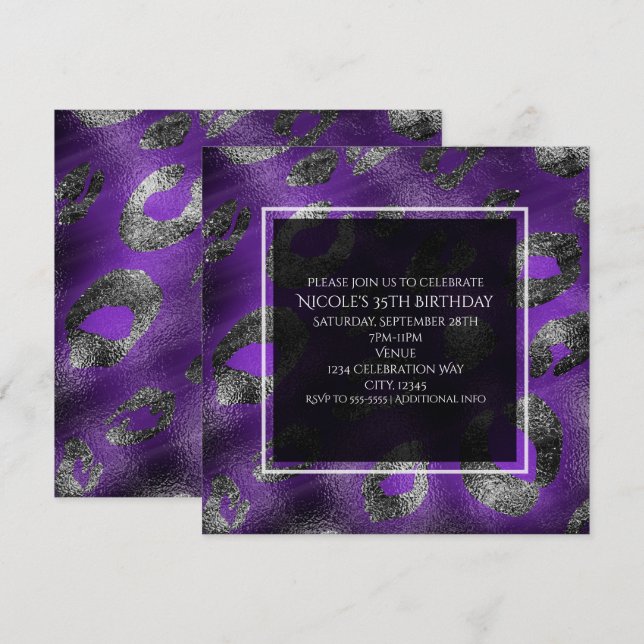 Invitation Carton d'invitation à thème léopard violet pour so (Devant / Derrière)