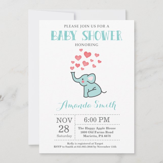 Invitation Carton d'invitation à une baby shower éléphant Aqu (Devant)