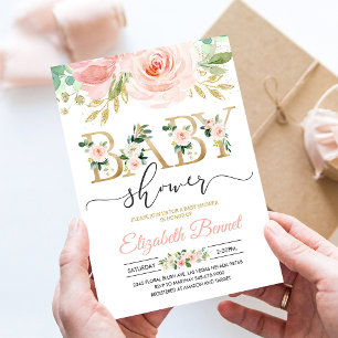 Invitation Carton d'invitation à une baby shower Fille Fleurs