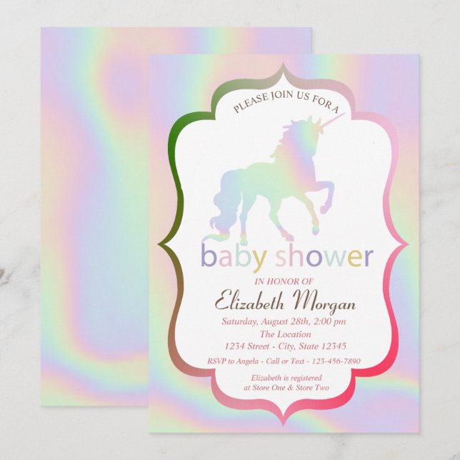 Invitation Carton d'invitation à une baby shower Licorne holo (Devant / Derrière)