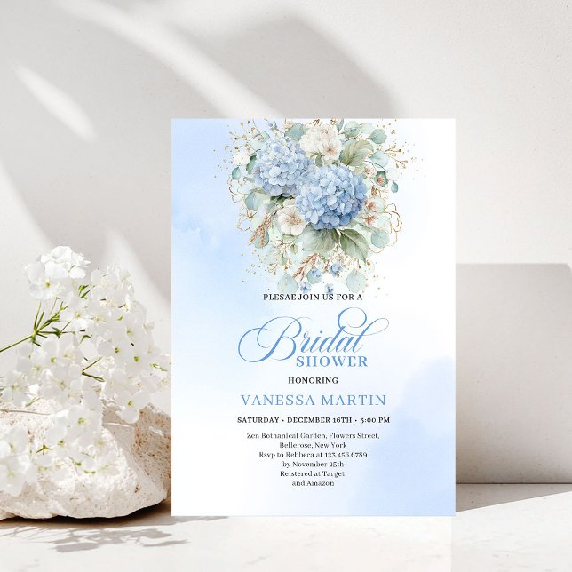 Invitation Carton d'invitation à une douche de mariée aux hor (Timeless Bohemian Blue Hydrangeas Shower Invitation)
