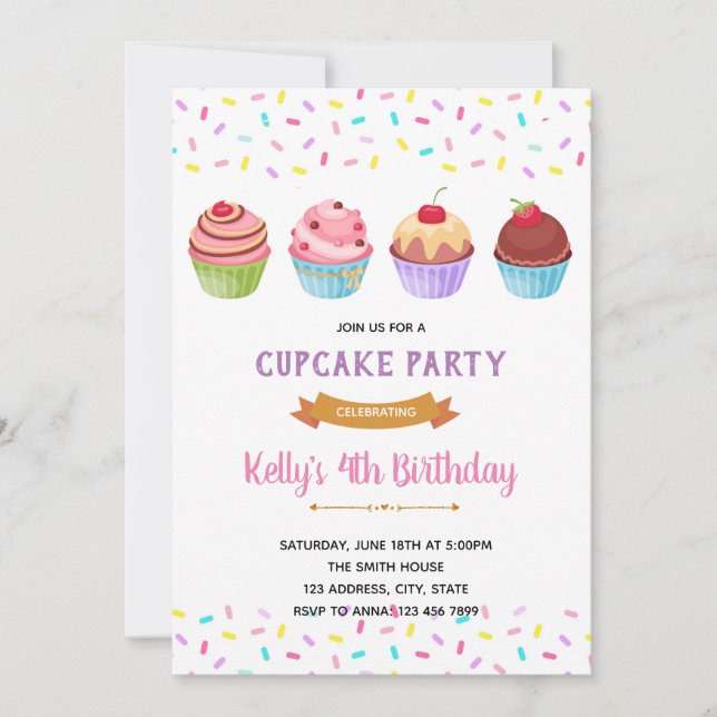 Invitation Carton d'invitation à une fête avec cupcakes Sprin (Devant)