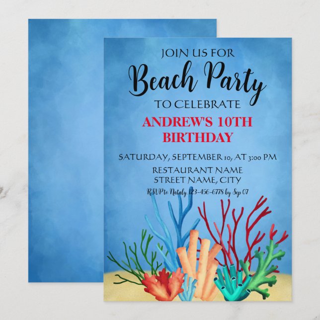 Invitation Carton d'invitation à une fête sur la plage avec c (Devant / Derrière)