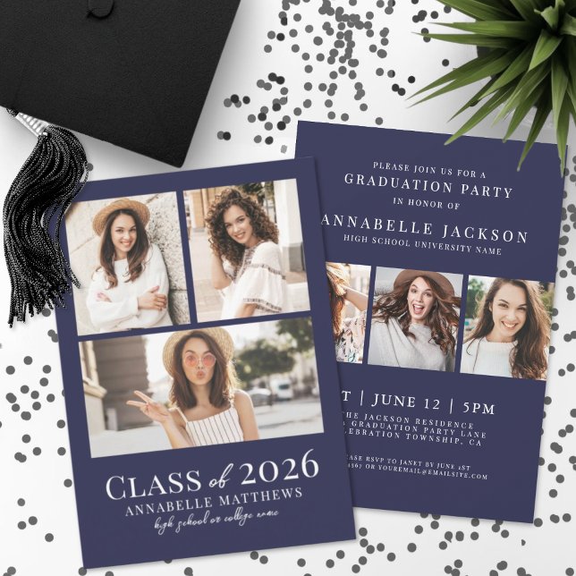 Invitation Carton d'invitation à une soirée de remise de dipl (Navy Blue Photo Graduation Party Invitation)