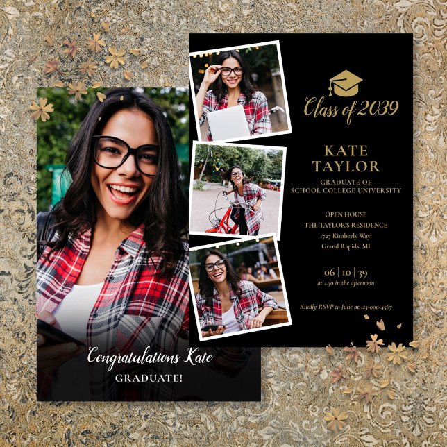 Invitation Carton d'invitation à une soirée de remise de dipl (Black And Gold 4 Photo Graduation Party Invitation)