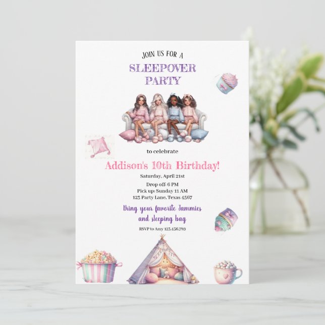 INVITATION CARTON D'INVITATION À UNE SOIRÉE PYJAMA FILLE MODE (Debout devant)