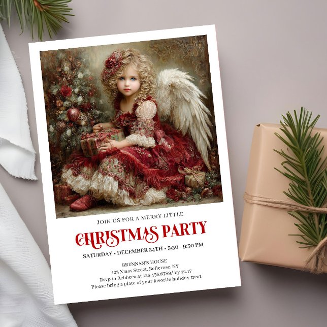 Invitation Carton d'invitation ange de Noël classique rouge v (Classic Christmas Angel Invitation Red Green Gold)