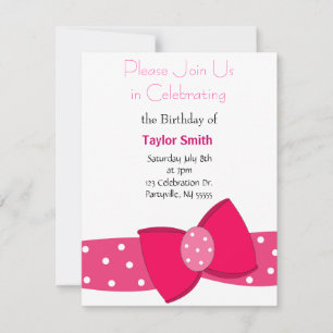 Invitation Carton d'invitation anniversaire à nœud rose à poi