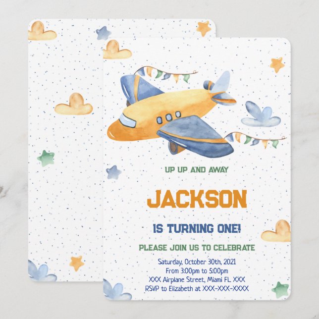 Invitation Carton d'invitation anniversaire avion modifiable (Devant / Derrière)