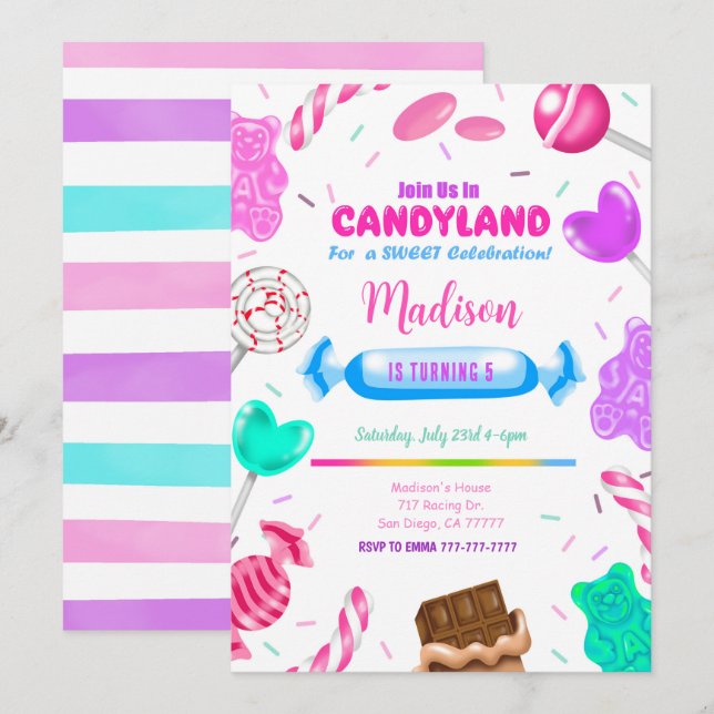 Invitation Carton d'invitation anniversaire Candy land modifi (Devant / Derrière)