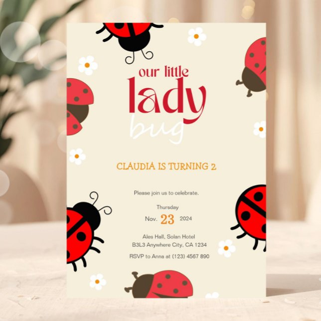 Invitation Carton d'invitation anniversaire coccinelle Daisy  (Cute Bug Ladybug Birthday Party Invitation)