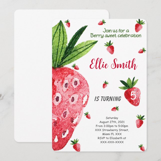 Invitation Carton d'invitation anniversaire fraise modifiable (Devant / Derrière)