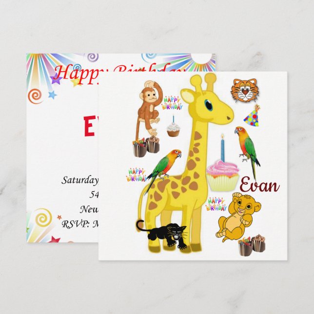 Invitation Carton d'invitation anniversaire girafe singe (Devant / Derrière)