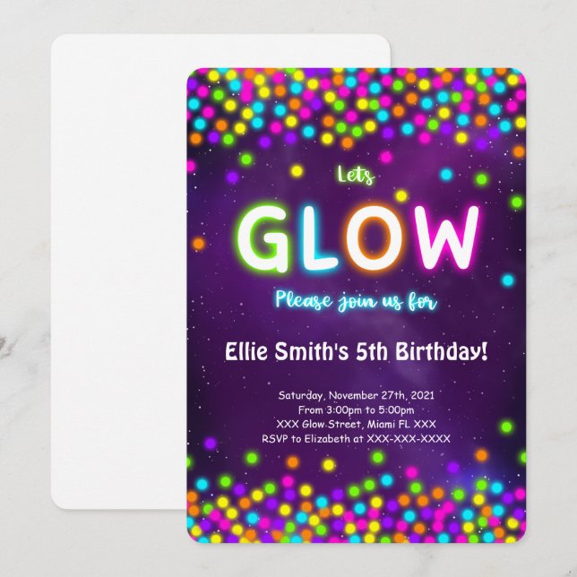 Invitation Carton d'invitation anniversaire Glow modifiable (Devant / Derrière)