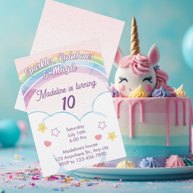 Invitation Carton d'invitation anniversaire licorne arc-en-ci (Créateur téléchargé)