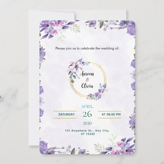 Invitation Carton d'invitation aquarelle or et violet (Devant)