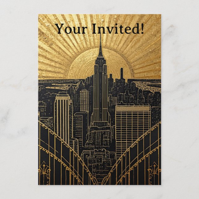 Invitation Carton d'invitation Art déco noir et or (Devant)