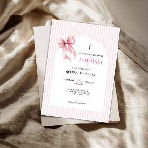 Invitation Carton d'invitation au baptême avec ruban rose pou