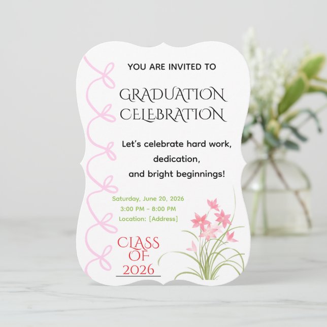Invitation Carton d'invitation au diplôme au ruban rose (Debout devant)