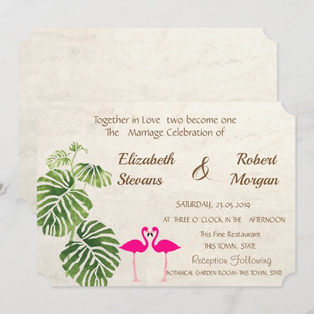 Invitation Carton d'invitation au mariage des Flamants tropic (Devant / Derrière)