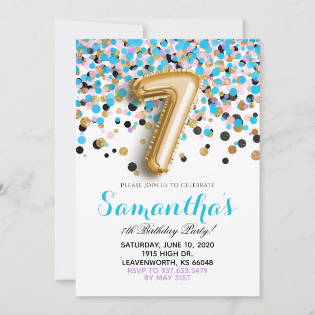 Invitation Carton d'invitation avec confettis pour 7e anniver (Devant)