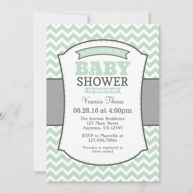 Invitation Carton d'invitation Baby Shower Chevron Vert Menth (Devant)