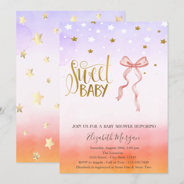 Invitation Carton d'invitation Baby Shower étoile dorée avec  (Devant / Derrière)