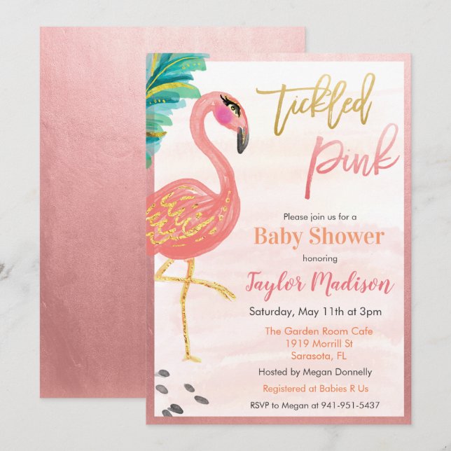Invitation Carton d'invitation Baby Shower Flamant Rose Aquar (Devant / Derrière)