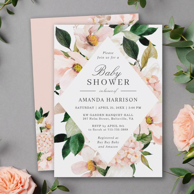 Invitation Carton d'invitation Baby Shower Hydrangea rose (Créateur téléchargé)