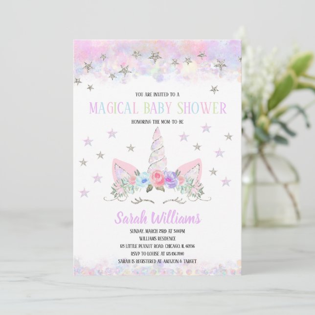 Invitation Carton d'invitation Baby Shower Licorne Arc-en-cie (Debout devant)