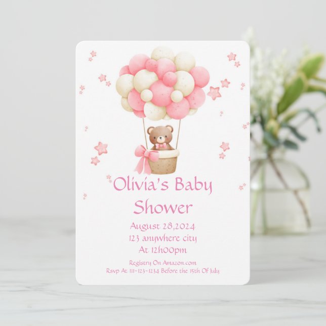 INVITATION CARTON D'INVITATION BABY SHOWER OURS ROSE (Debout devant)