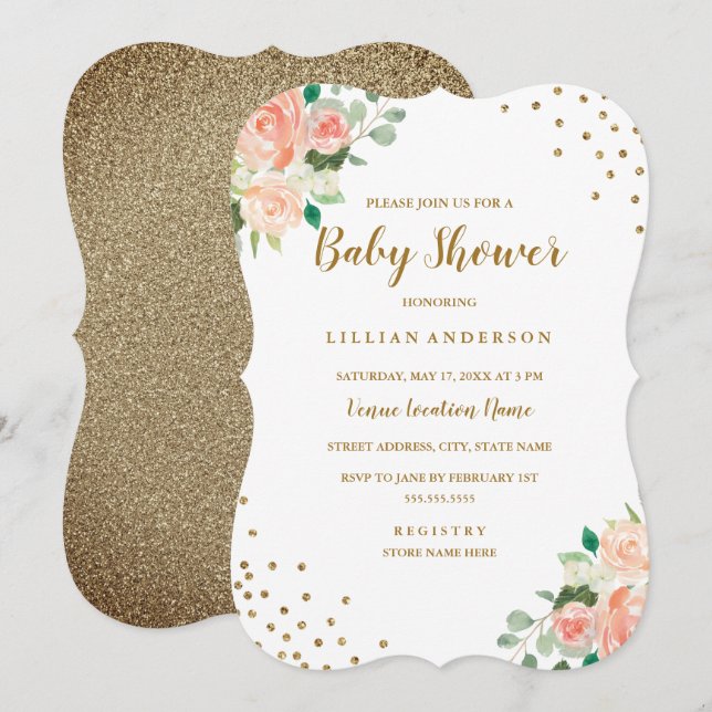 Invitation Carton d'invitation Baby Shower Peach Gold Floral  (Devant / Derrière)