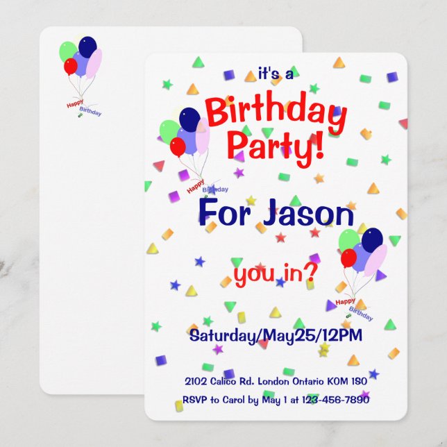 Invitation Carton d'invitation Ballons de Fête d'Anniversaire (Devant / Derrière)