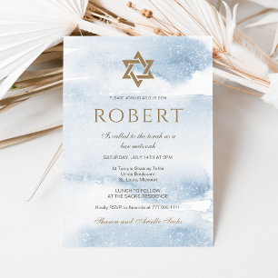 Invitation Carton d'invitation Bar Mitzvah aquarelle bleue   