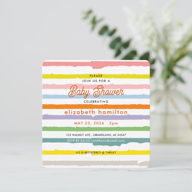 Invitation Carton d'invitation bébé à rayures colorées (Debout devant)
