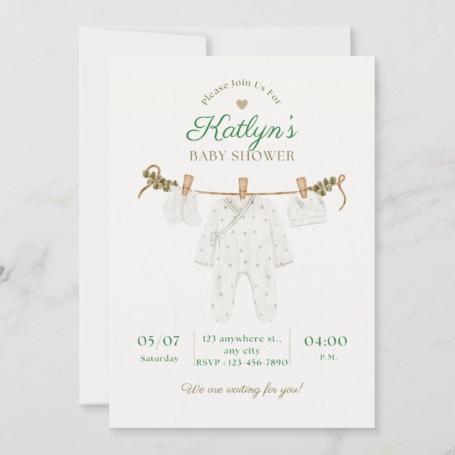 Invitation Carton d'invitation bébé beige et vert clair pour  (Devant)