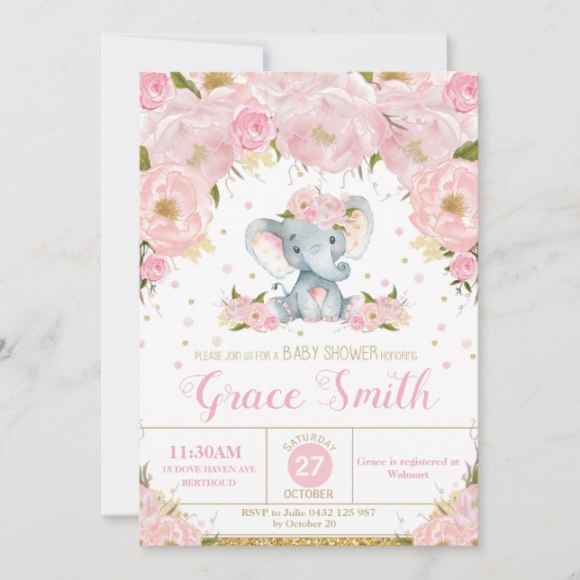 Invitation Carton d'invitation bébé fille éléphant floral (Devant)