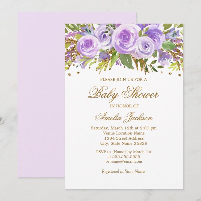 Invitation Carton d'invitation bébé Fille Fleur Rose Or Viole (Devant / Derrière)