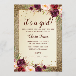 Invitation Carton d'invitation bébé Floral Sparkle Bourgogne