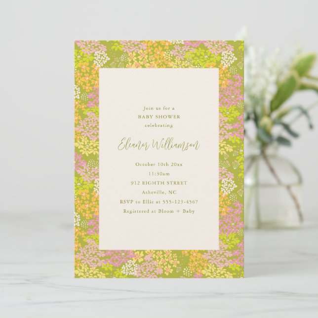 Invitation Carton d'invitation bébé floral vert citron de pri (Debout devant)
