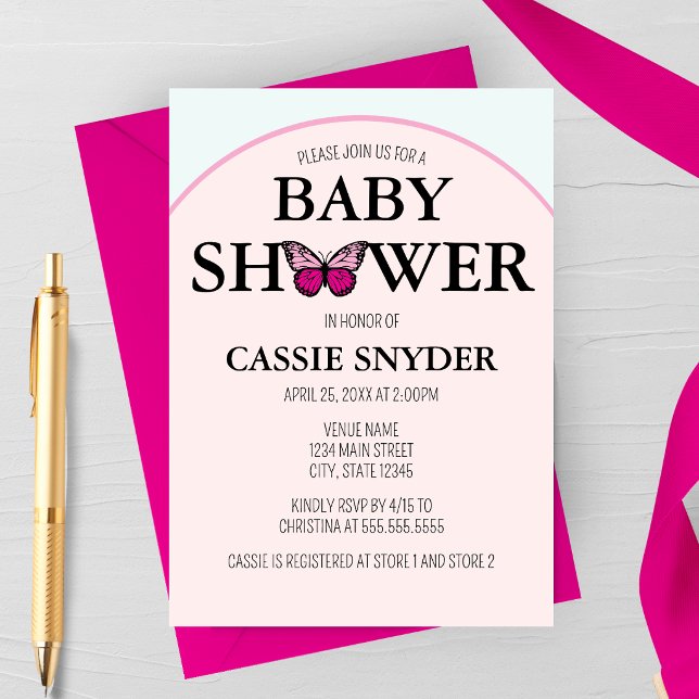 Invitation Carton d'invitation bébé papillon rose à cadre arq (Arched Butterfly Pink Spring Baby Shower Invitation)