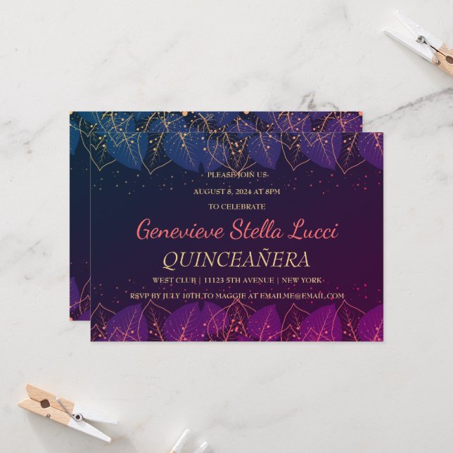 Invitation Carton d'invitation chic et botanique doré pour Qu (Devant/Arrière en situation)