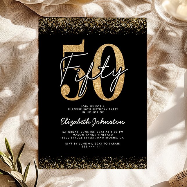 Invitation Carton d'invitation chic noir or pour 50e annivers (Créateur téléchargé)