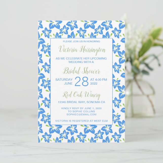 Invitation Carton d'invitation chic peint de fleurs bleues po (Debout devant)