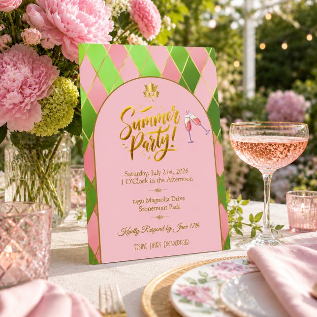 Invitation Carton d'invitation chic rose vert pour soirée d'é (Chic 'Summer Party' Argyle Invitation )