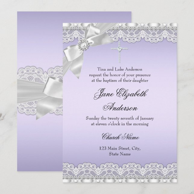 Invitation Carton d'invitation chic violet dentelle pour bapt (Devant / Derrière)
