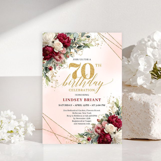 Invitation Carton d'invitation classique floral or pour 70e a (Classic Floral Gold 70th Birthday Party Invitation)