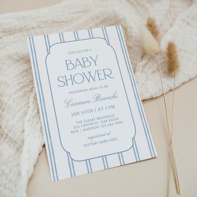 Invitation Carton d'invitation classique rayé bleu pour baby  (Créateur téléchargé)
