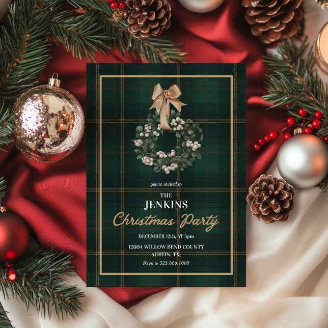 Invitation Carton d'invitation classique vert à carreaux pour (Elegant Green Tartan Christmas party invitation)
